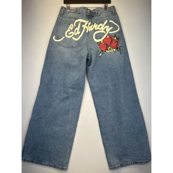 Ed Hardy Embroidered Heart Wide Leg Jeans Retro skater Denim 32 NWT - Picture 2 of 16